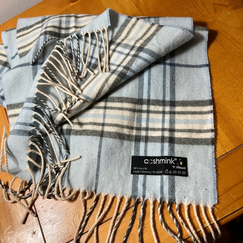 cashmink Light Blue Plaid Fringe Scarf by V. Fraas 70 inches long